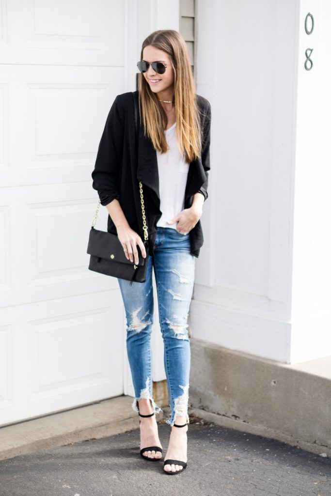 shop tobi black roses blazer, AE shredded denim skinny jeans, ripped jeans outfit, blazer outfits