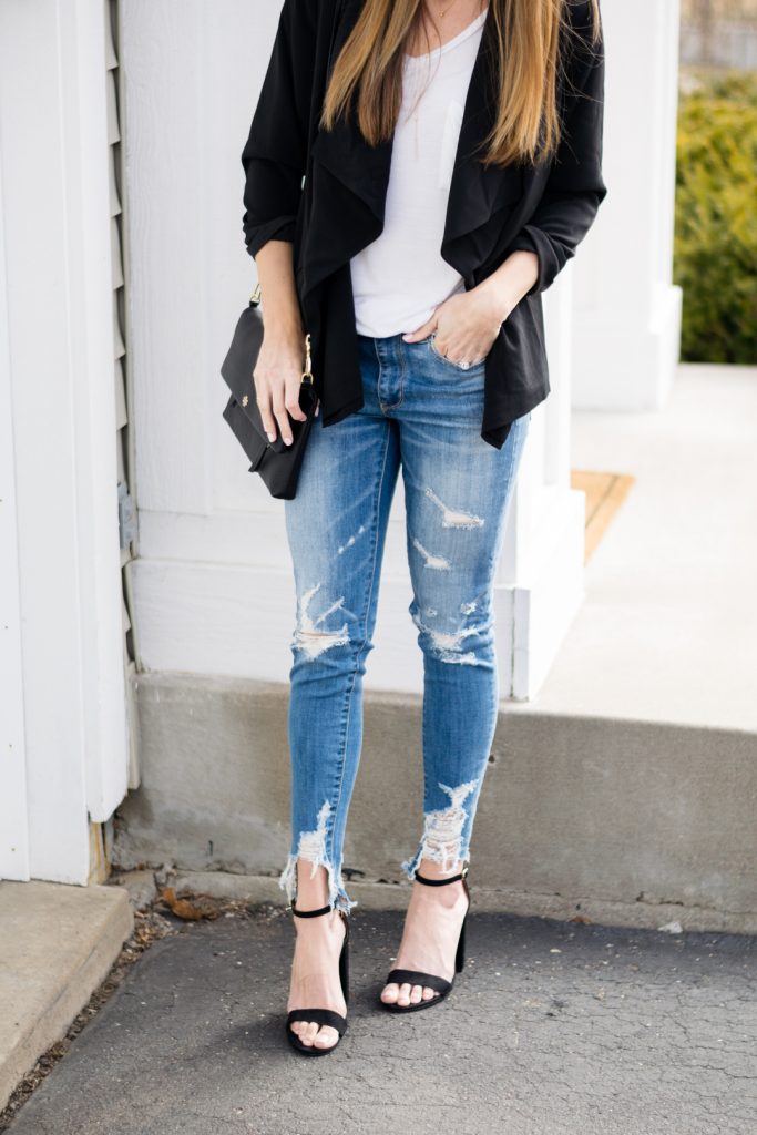 shop tobi black roses blazer, AE shredded denim skinny jeans, ripped jeans outfit, blazer outfits