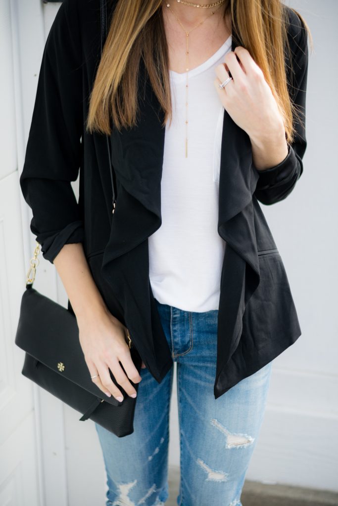 shop tobi black roses blazer, AE shredded denim skinny jeans, ripped jeans outfit, blazer outfits, black tory burch foldover crossbody bag
