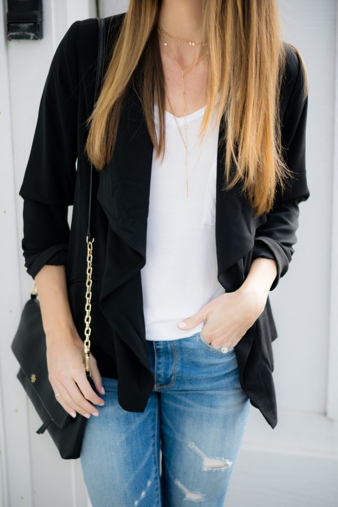 shop tobi black roses blazer, AE shredded denim skinny jeans, ripped jeans outfit, blazer outfits, gold ettika choker