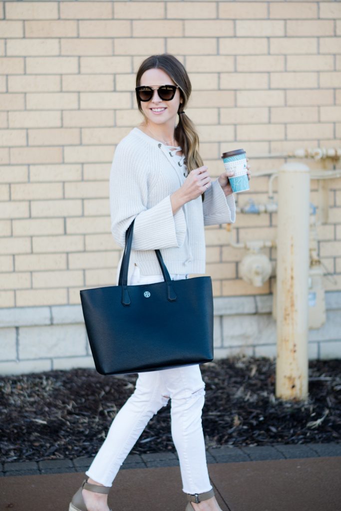 lace-up sweater, white ripped jeans outfit, marc fisher adalyn wedges tan suede, spring 2017 outfits