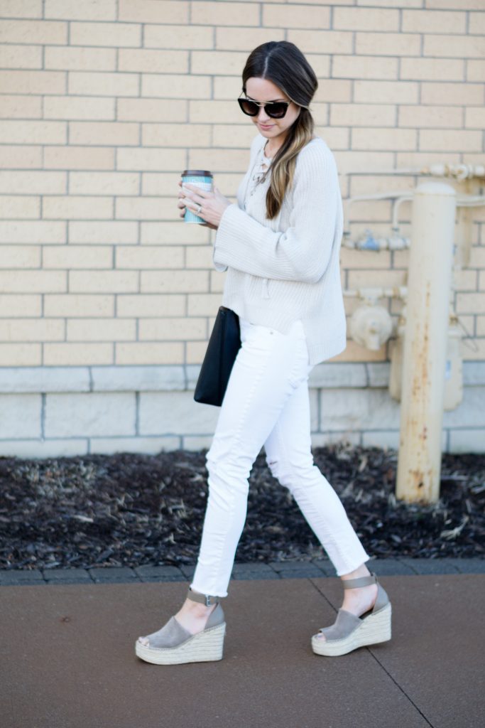 lace-up sweater, white ripped jeans outfit, marc fisher adalyn wedges tan suede, spring 2017 outfits