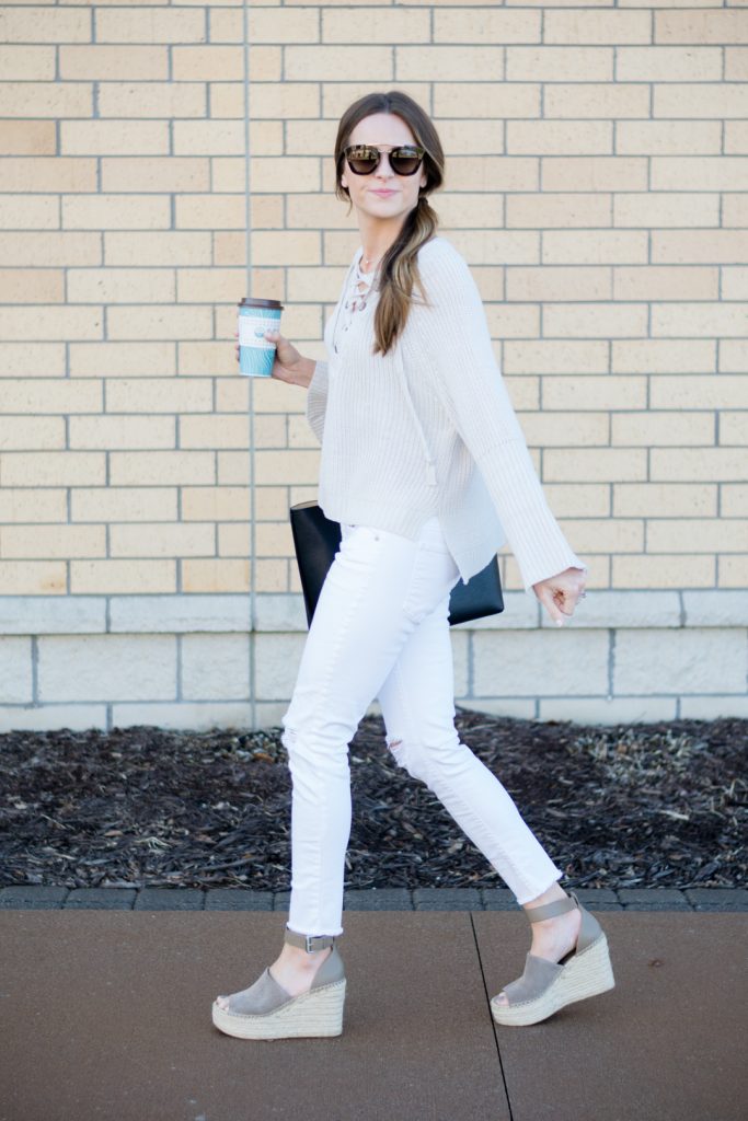 lace up-sweater, white ripped jeans outfit, marc fisher adalyn wedges tan suede, spring 2017 outfits