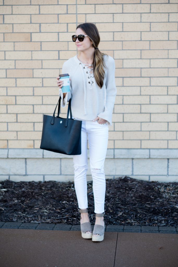 lace-up sweater, white ripped jeans outfit, marc fisher adalyn wedges tan suede, spring 2017 outfits