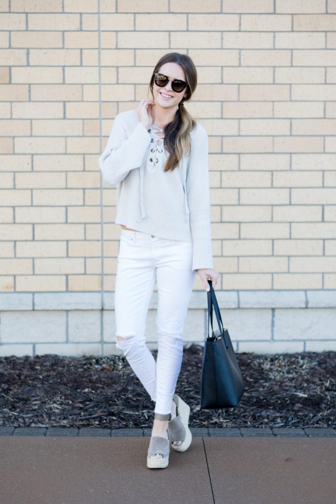 lace-up sweater, white ripped jeans outfit, marc fisher adalyn wedges tan suede, spring 2017 outfits