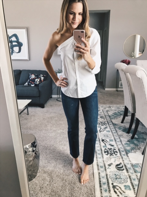 one sleeve button up shirt outfit, merilou boutique mb box review, fashion blogger outfits