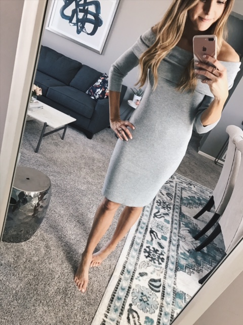 cupcakes and cashmere gray off the shoulder sweater dress