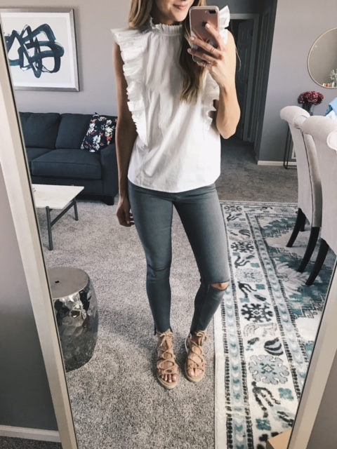 rebecca taylor ruffle poplin top, joie ceaser powder sandals, frame denim gray distressed jeans