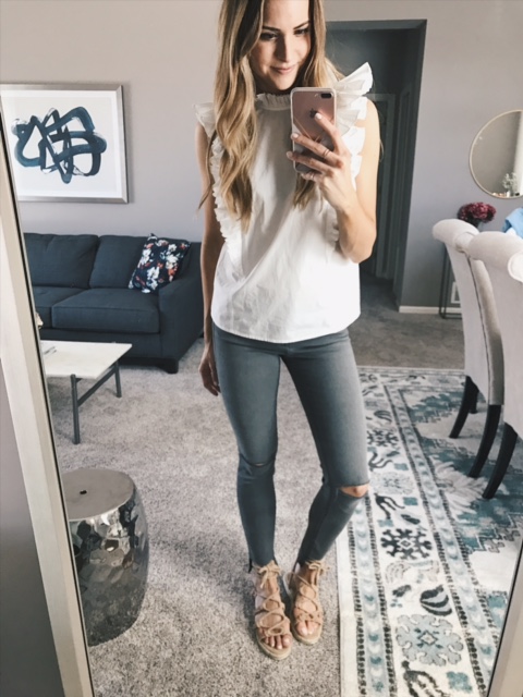 rebecca taylor ruffle poplin top, joie ceaser powder sandals