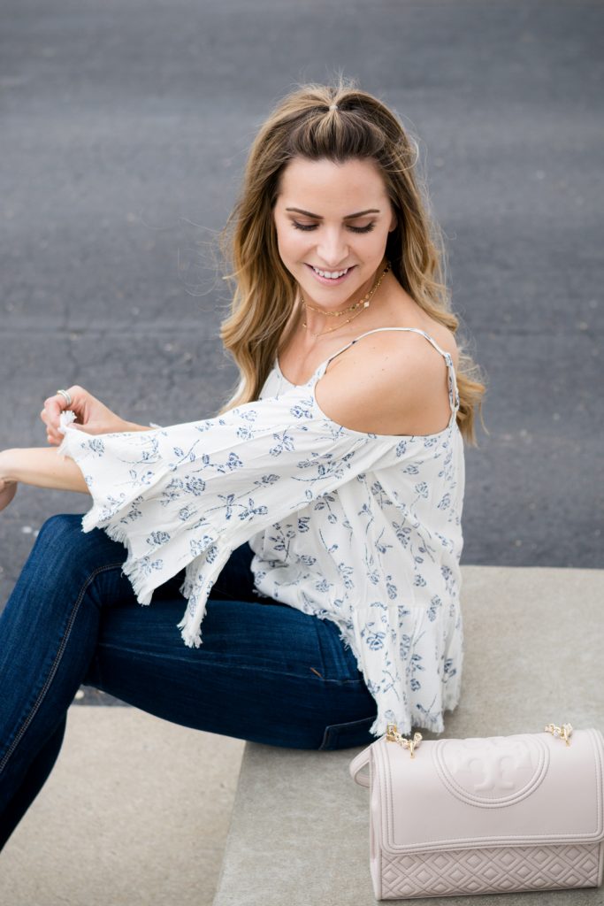 boho chic outfit, boho style, primp boutique cold shoulder top, floral boho top, minneapolis fashion blogger