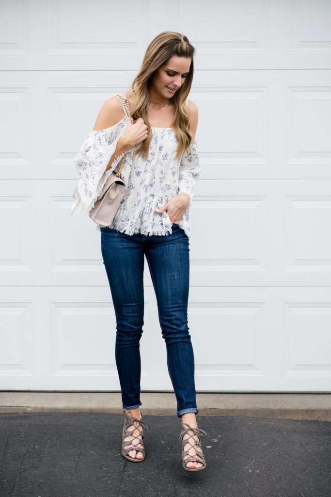 tory burch bedrock fleming bag, primp boutique cold shoulder top, boho chic outfit, minneapolis minnesota style blogger
