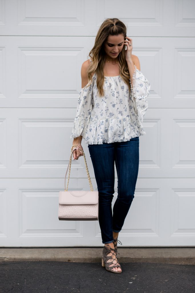 tory burch bedrock fleming bag, primp boutique cold shoulder top, boho chic outfit, minneapolis minnesota style blogger, budget fashion blogger, mn style blog