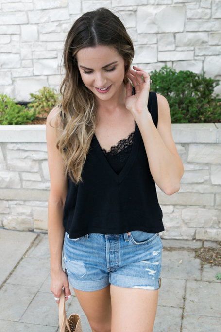 bralette outfit ideas, kohls candie's bralette, black bralette fashion, minneapolis fashion blogger, minnesota style blogger, free people baring it cami, Levi's 501 long denim shorts