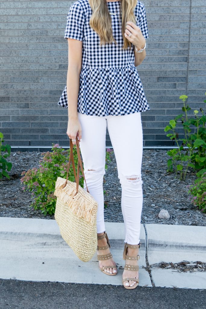 peplum gingham top, top with bows on back, tie up bows top, white jeans outfit, summer outfit ideas, minneapolis fashion blogger, minnesota lifestyle blogger, retro round ray ban aviators outfit, dolce vita effie block heel sandal