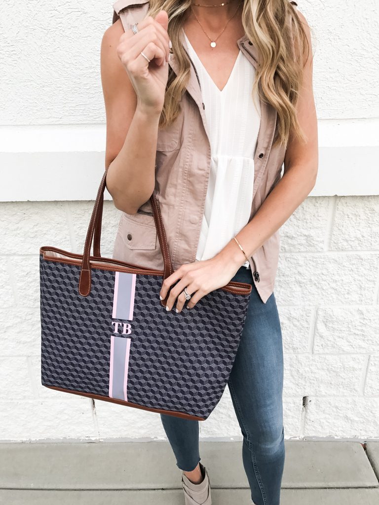summer to fall transitional outfit, blush military vest, Minneapolis fashion blogger, Barrington gifts st. Anne tote