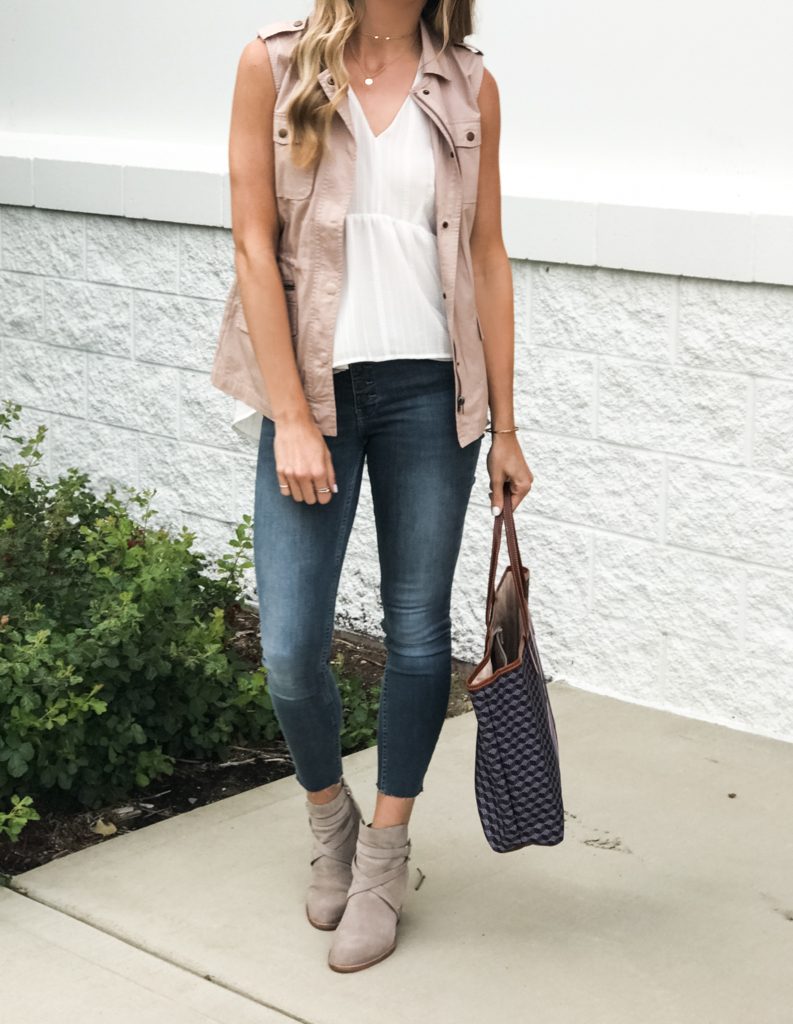 summer to fall transitional outfit, blush military vest, sam Edelman putty booties, Barrington gifts st. Anne tote
