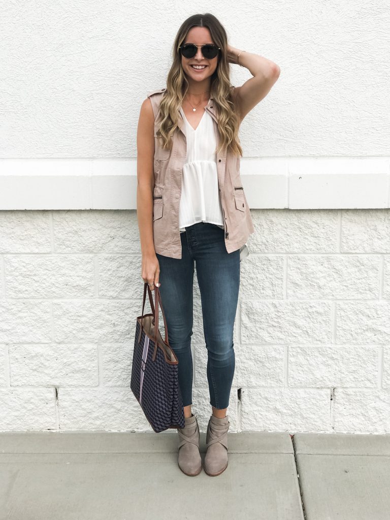 summer to fall transitional outfit, blush military vest, sam Edelman putty booties, Barrington gifts st. Anne tote