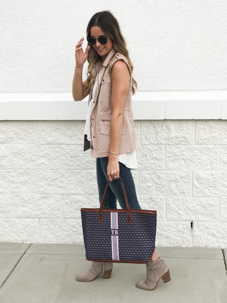 summer to fall transitional outfit, blush military vest, sam Edelman putty booties, Barrington gifts st. Anne tote
