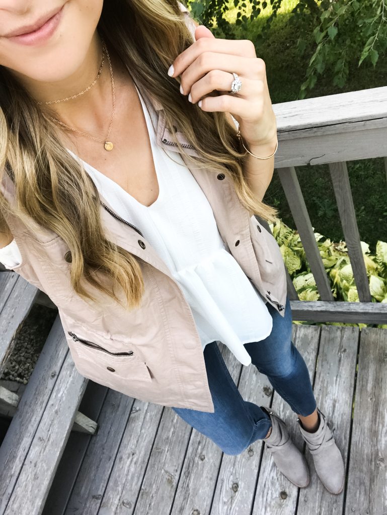 summer to fall transitional outfit, blush military vest, Minneapolis fashion blogger, gold layered necklaces