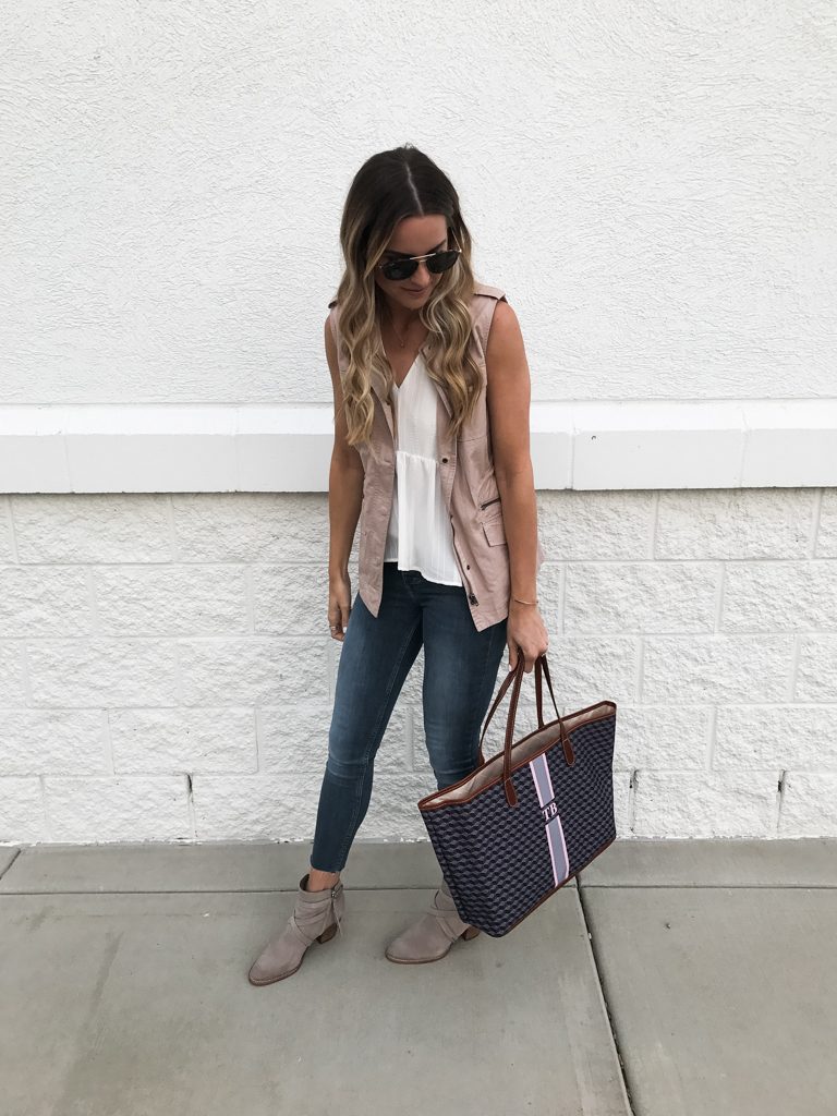 summer to fall transitional outfit, blush military vest, Minneapolis fashion blogger, Barrington gifts st. Anne tote