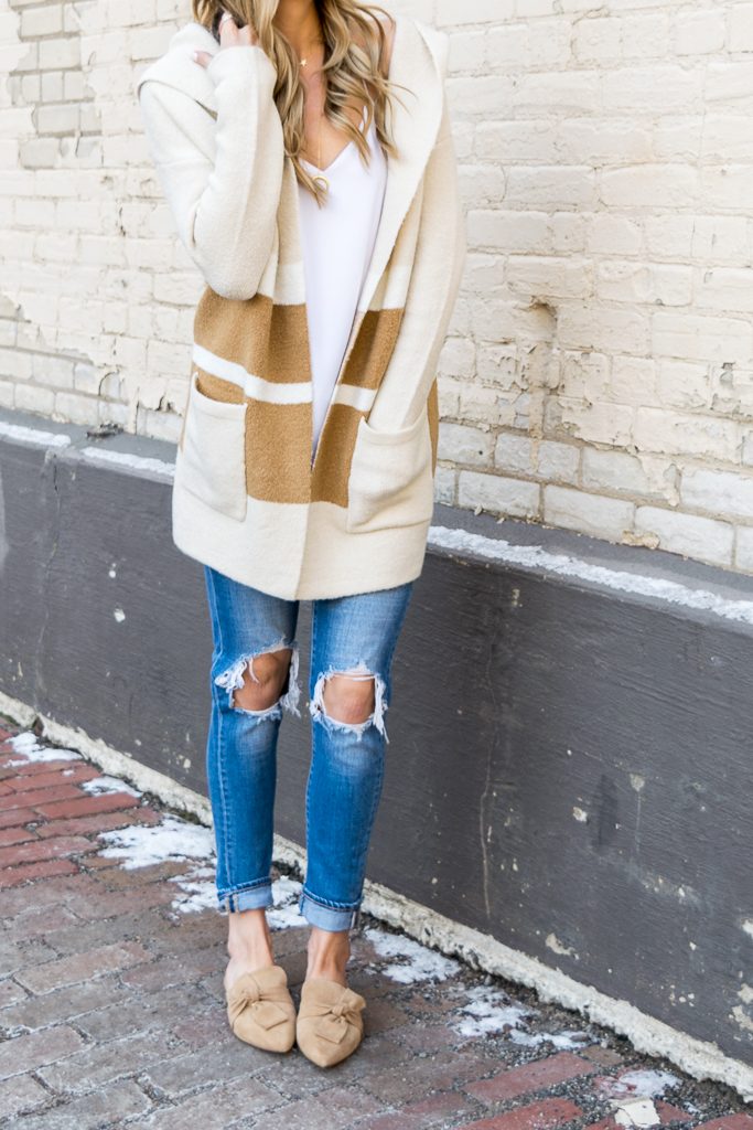 tahari pandora fawn suede, suede camel slides, lulu's Carlsbad hooded cardigan 