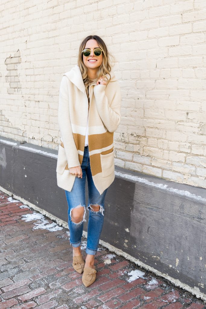Minneapolis fashion blogger, tahari pandora fawn suede, suede camel slides, lulu's Carlsbad hooded cardigan 