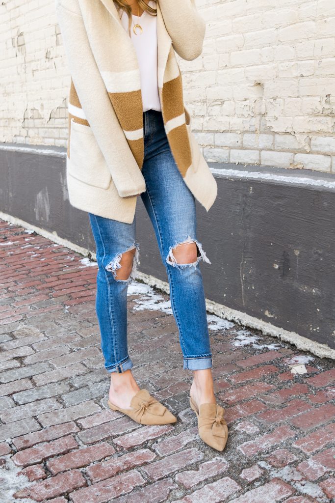 tahari pandora fawn suede, suede camel slides, lulu's Carlsbad hooded cardigan 