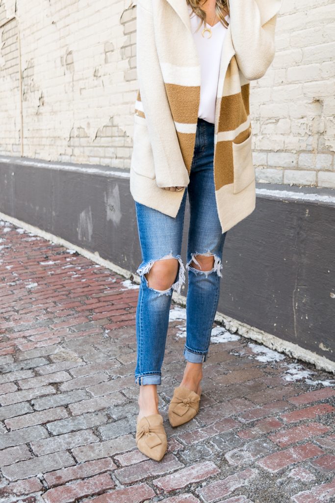 tahari pandora fawn suede, suede camel slides, lulu's Carlsbad hooded cardigan 