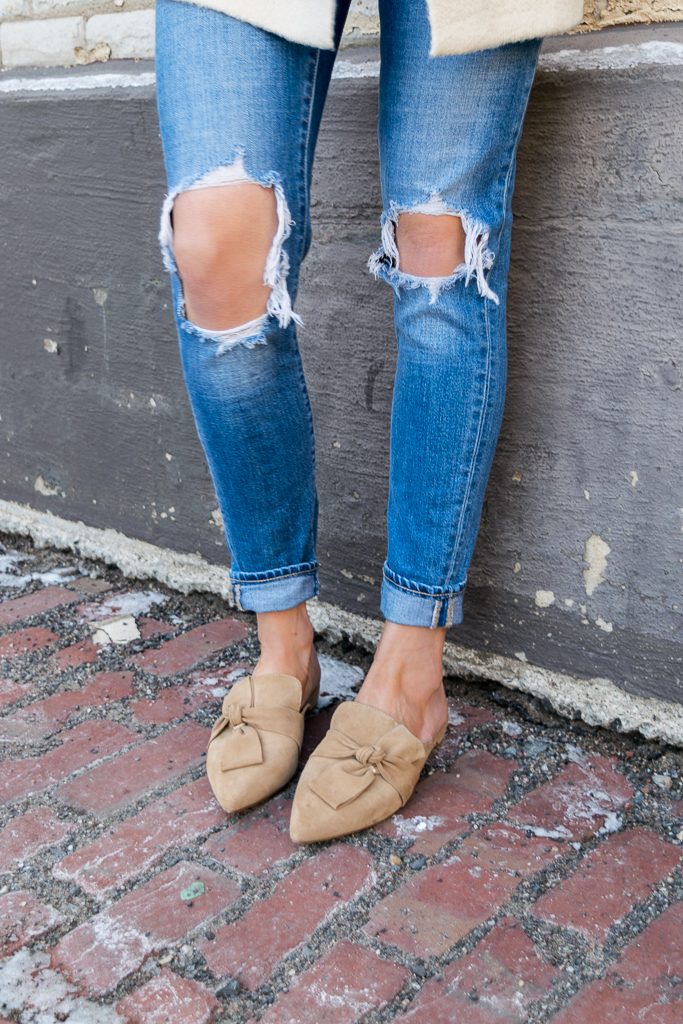 tahari pandora fawn suede, suede camel slides, Levi's 721 distressed jeans