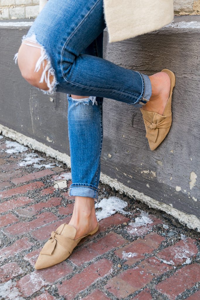 tahari pandora fawn suede, suede camel slides, Levi's 721 distressed jeans