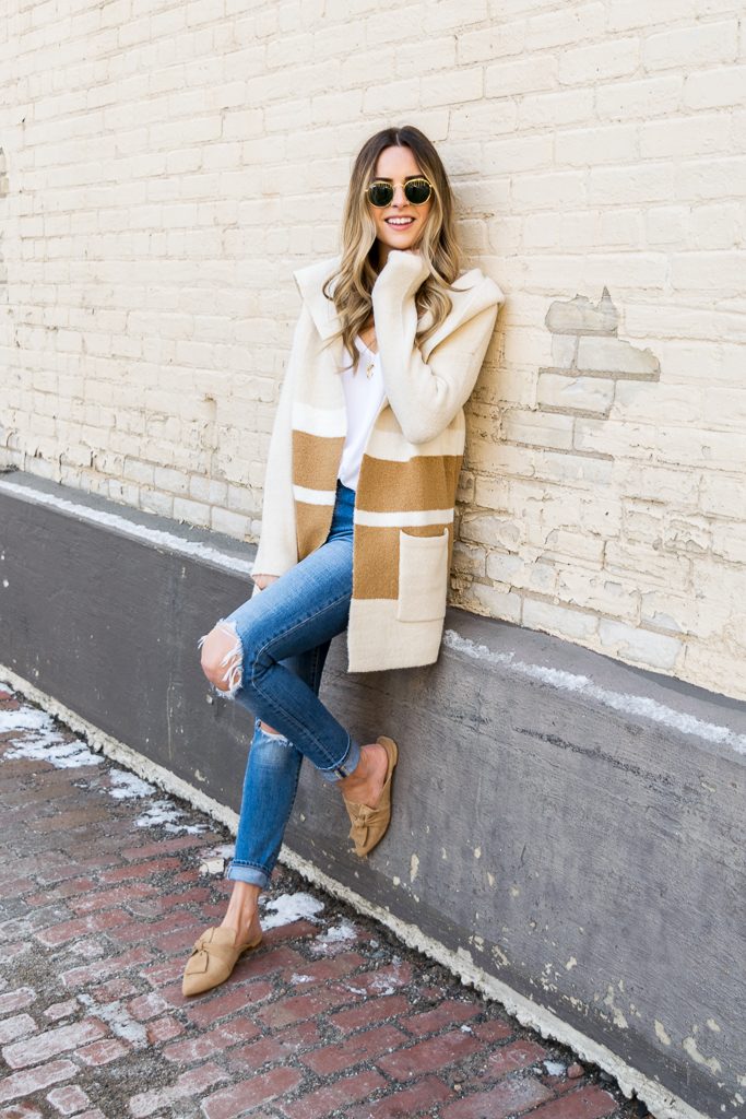 Minneapolis fashion blogger, tahari pandora fawn suede, suede camel slides, lulu's Carlsbad hooded cardigan 