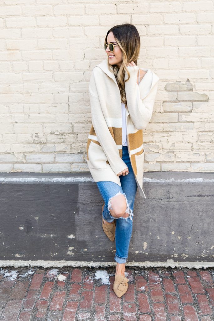 Minneapolis fashion blogger, tahari pandora fawn suede, suede camel slides, lulu's Carlsbad hooded cardigan 