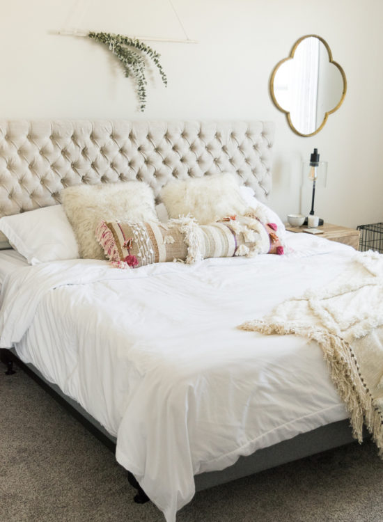 anthropologie open market pillow, jezebel fabric headboard, master bedroom updates, Leesa mattress review, Minneapolis blogger, boho bedroom