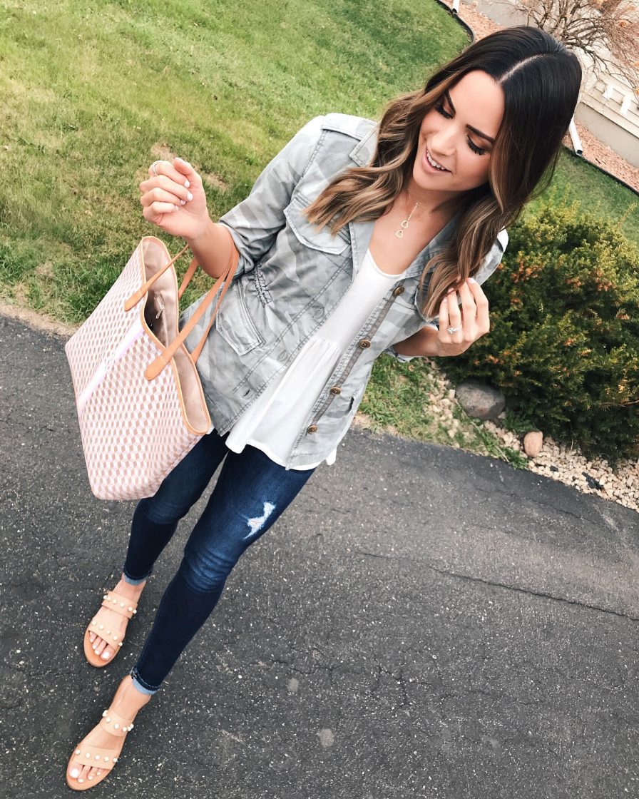 camo jacket outfit, barrington gifts st. anne tote