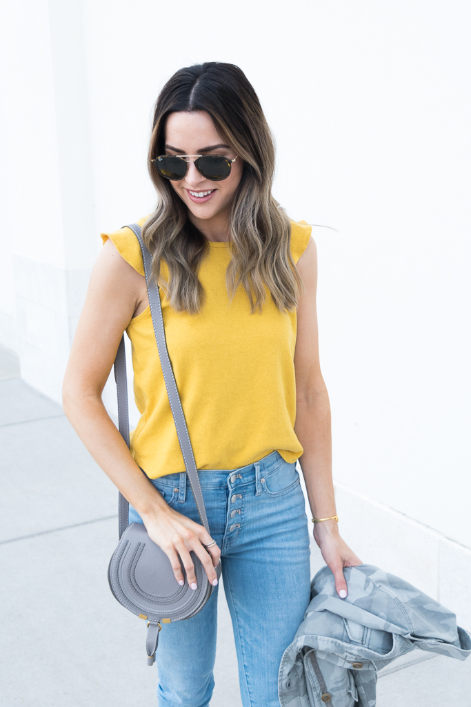 yellow gold mustard color trend 2018, madewell ruffle tank, chloe mini marcie cashmere grey