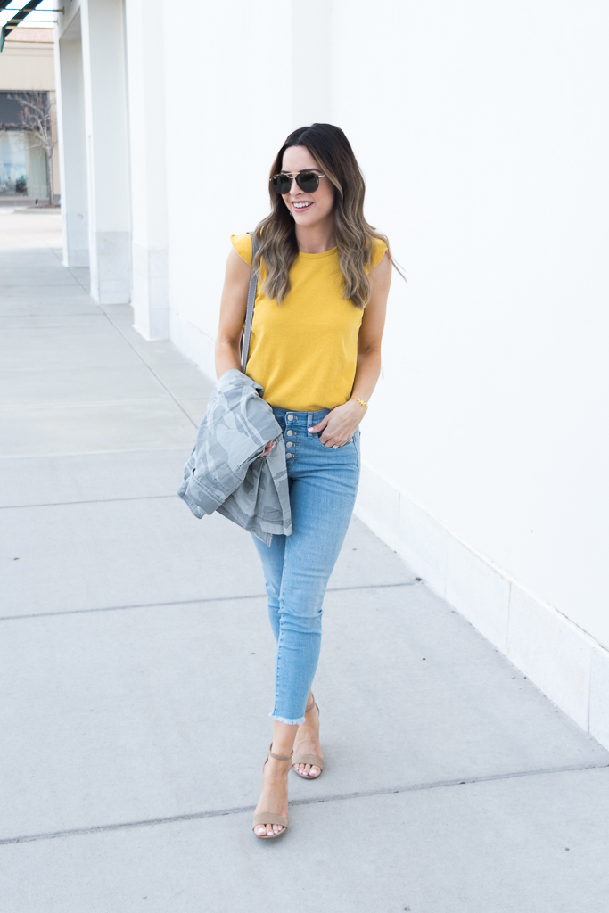 yellow gold mustard color trend 2018, madewell ruffle tank, chloe mini marcie cashmere grey