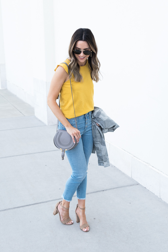 yellow gold mustard color trend 2018, madewell ruffle tank, chloe mini marcie cashmere grey