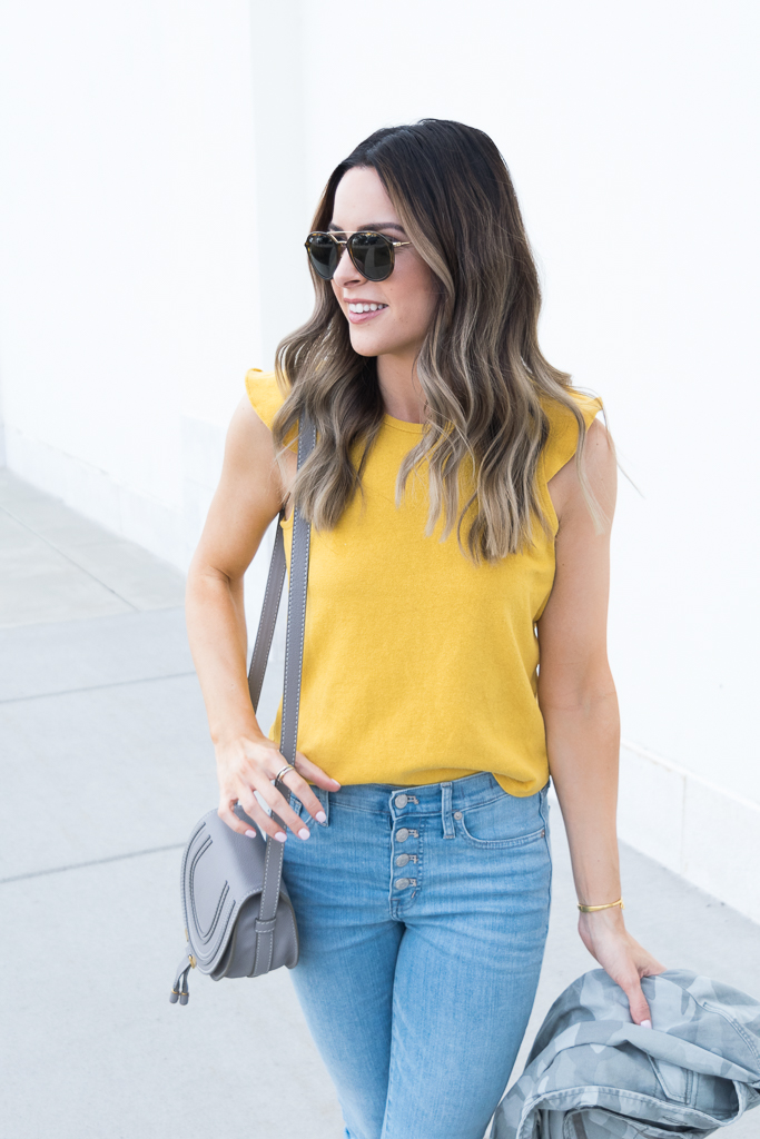 yellow gold mustard color trend 2018, madewell ruffle tank, chloe mini marcie cashmere grey