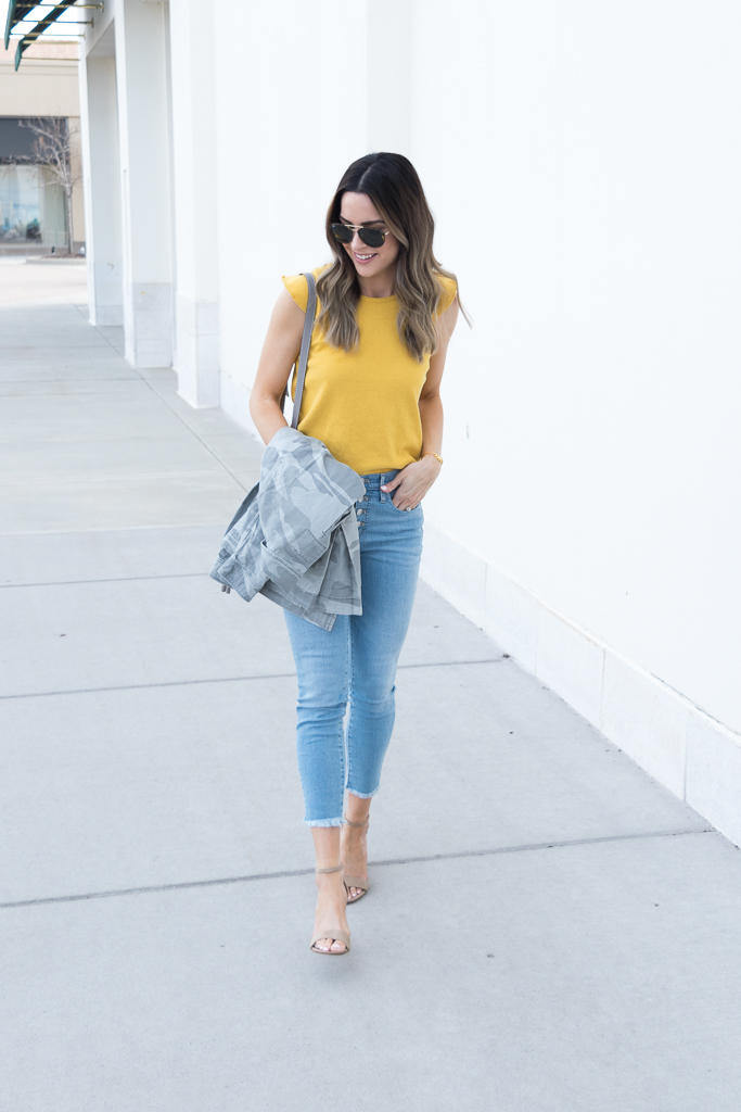 abercrombie camo jacket, yellow gold mustard color trend 2018, madewell ruffle tank
