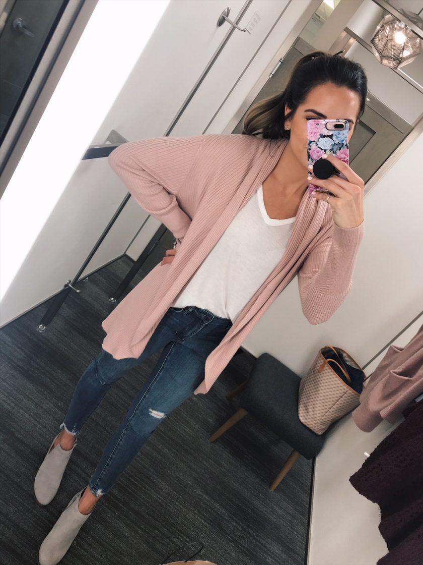 Leith ribbed shawl cocoon sweater, ag the legging ripped ankle skinny jeans, lucky yabba wedge booties