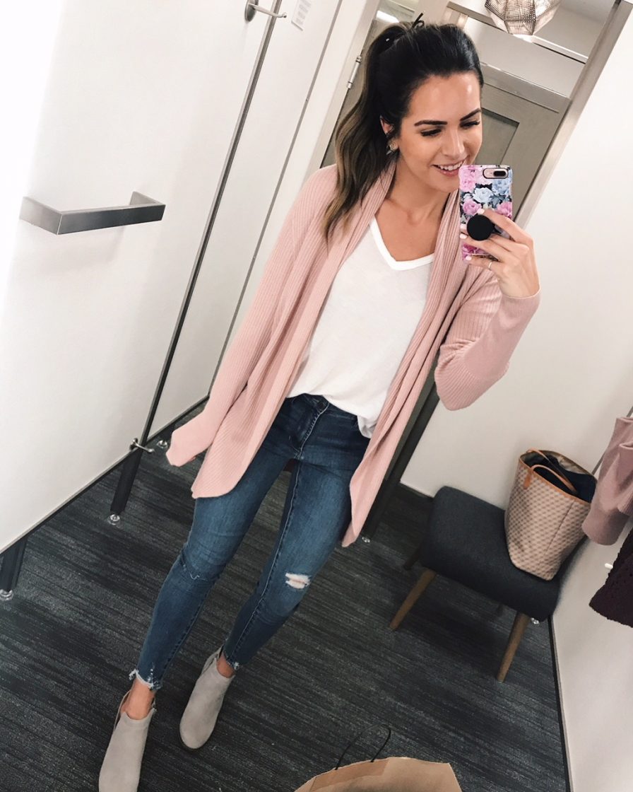 Leith ribbed shawl cocoon sweater, ag the legging ripped ankle skinny jeans