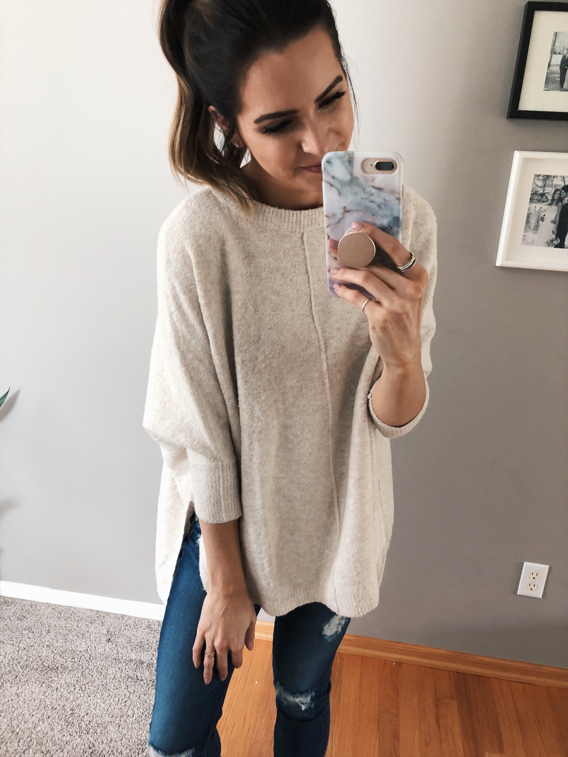 lou & grey seamed poncho sweater, loft try-on, friends and family sale