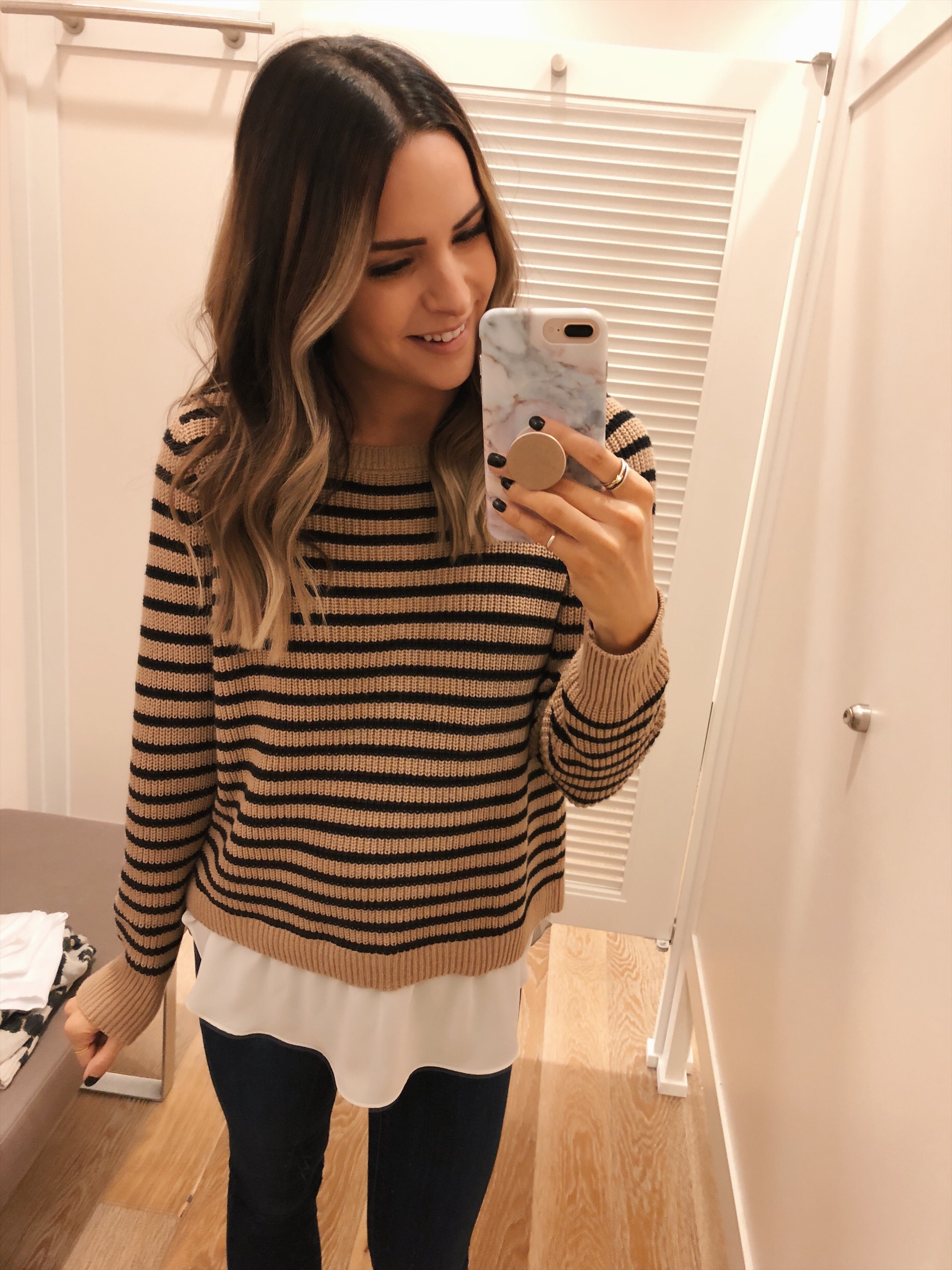 loft striped split back mixed media sweater, loft try-on, friends and family sale
