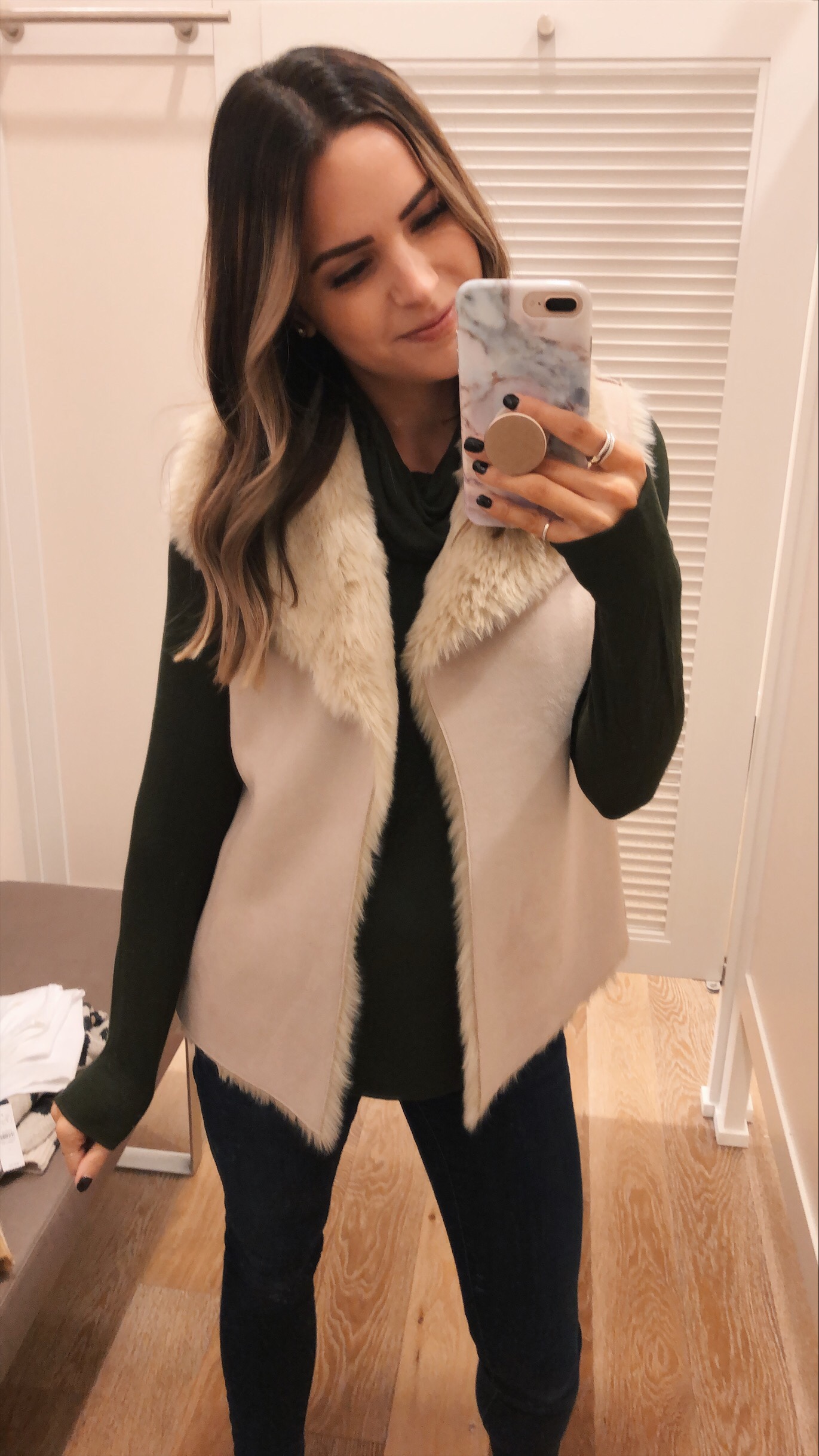 loft faux fur lined vest, loft try-on, friends and family sale 
