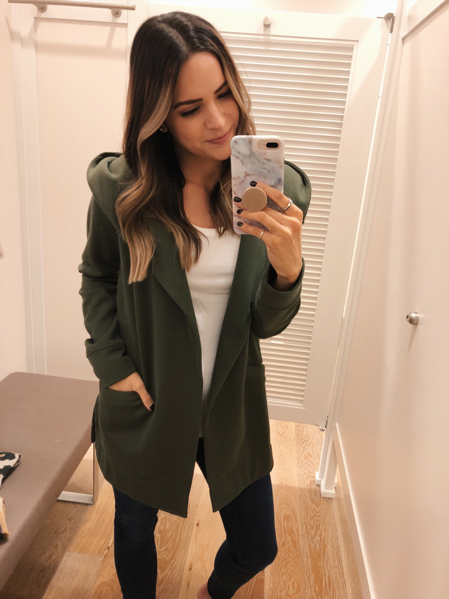loft hooded pocket open cardigan, loft try-on, friends and family sale