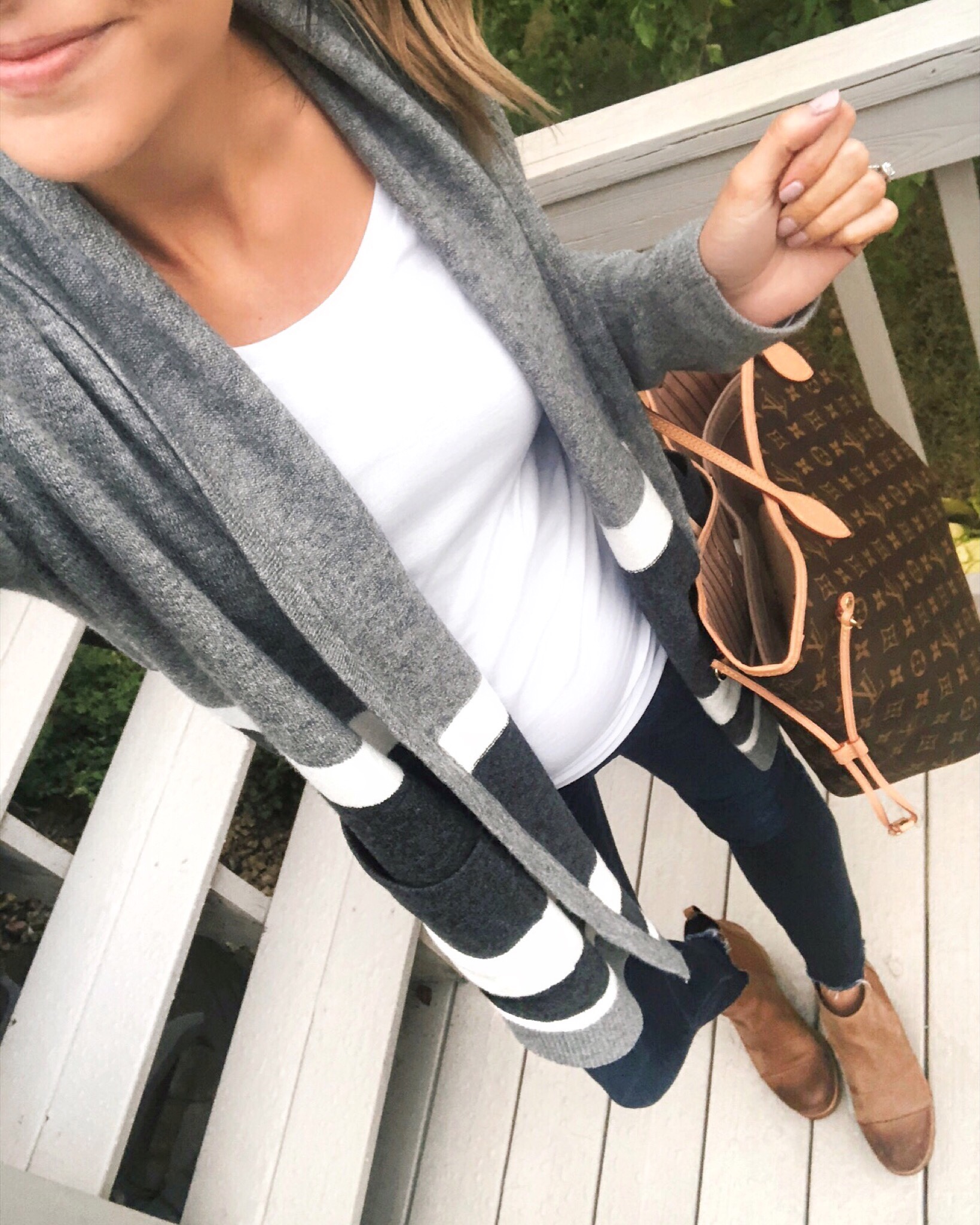 loft friends and family sale, try-on, striped shawl open pocket cardigan