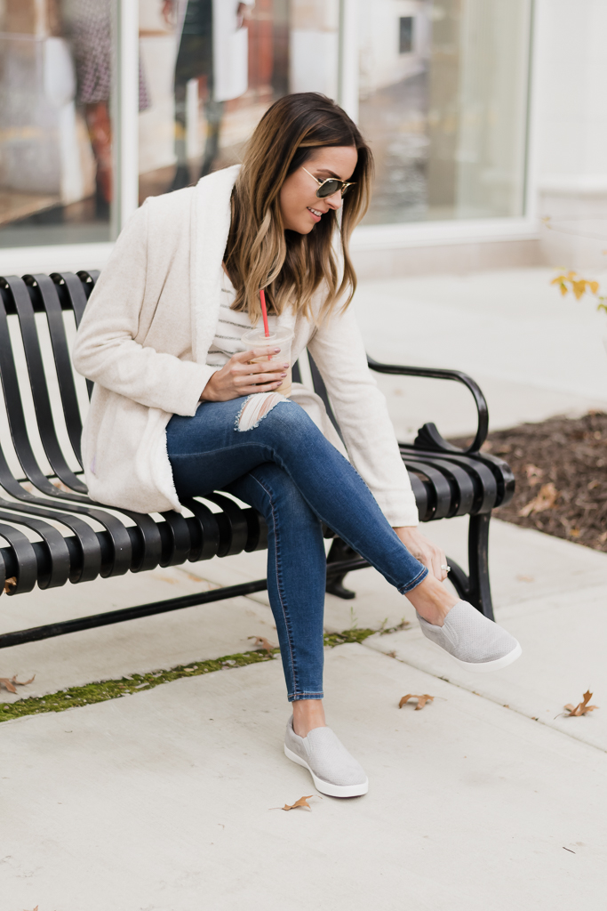 famous footwear dr. scholl's madison slip on sneakers, lauren james sherpa cardigan, mn blogger