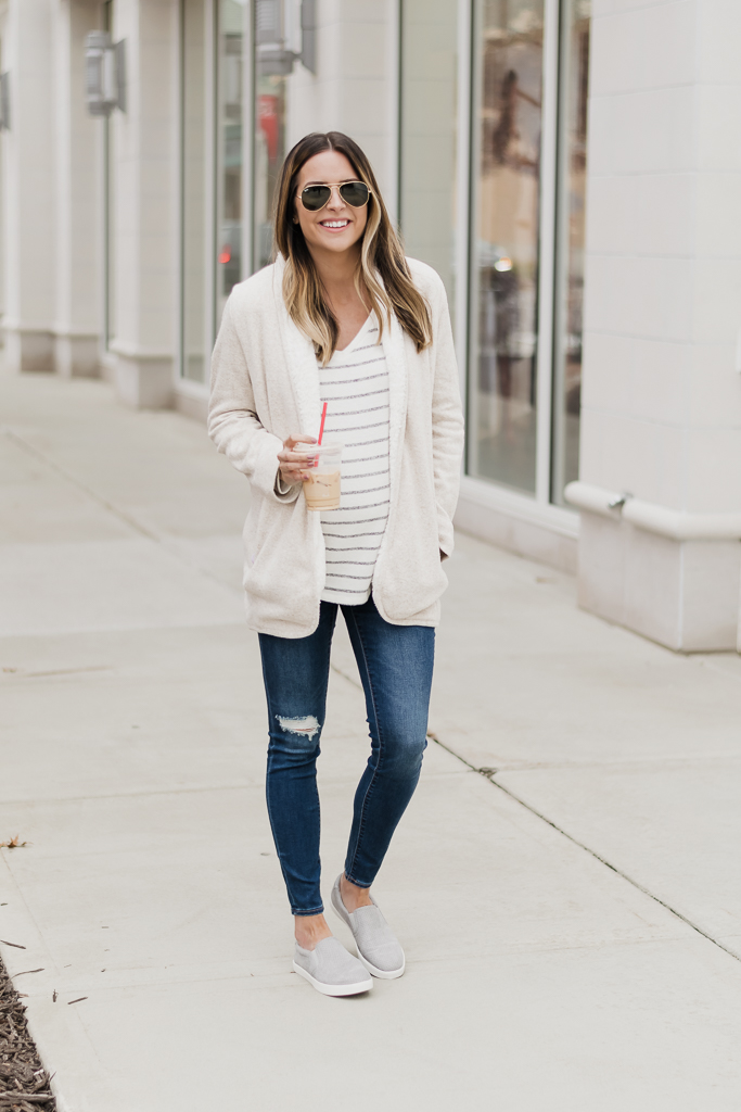 famous footwear dr. scholl's madison slip on sneakers, lauren james sherpa cardigan, mn blogger
