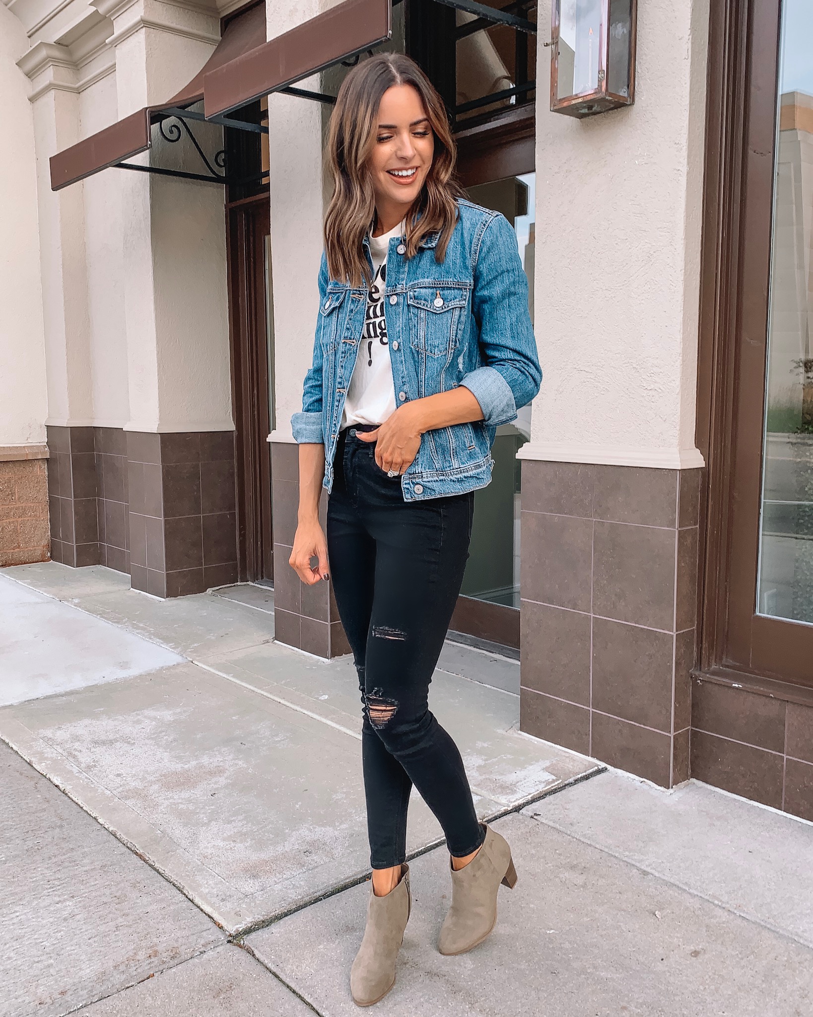 4 ways to style black denim, old navy rockstar super skinny distressed jeans