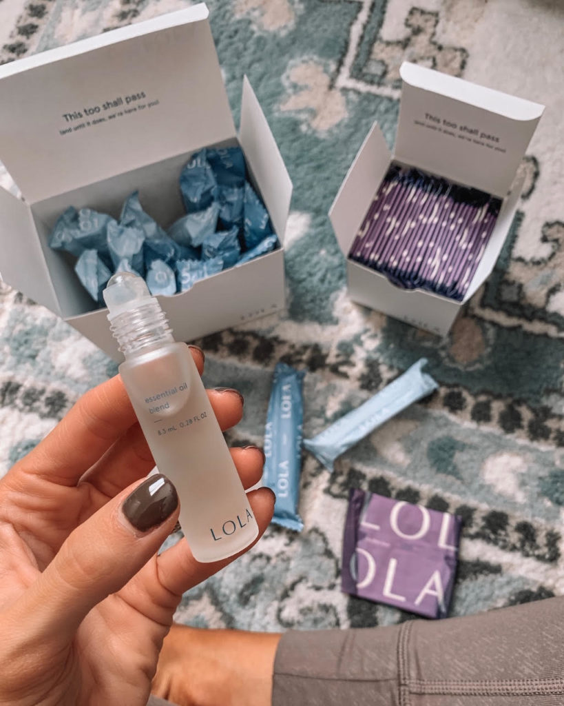 LOLA subscription tampons and pads review, essential oil for cramps
